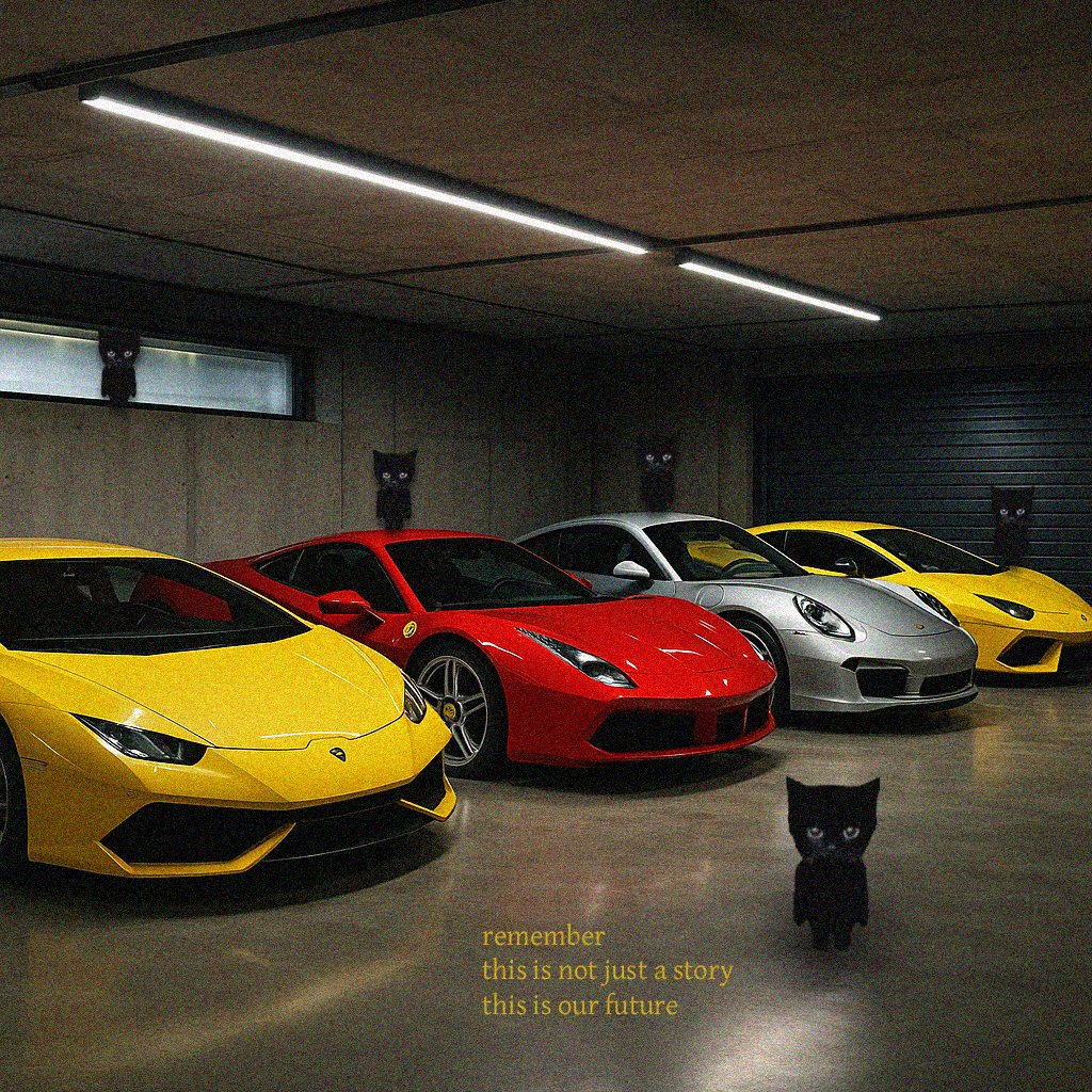 Five cats staking out an underground garage full of supercars, captioned: remember, this is not just a story, this is our future